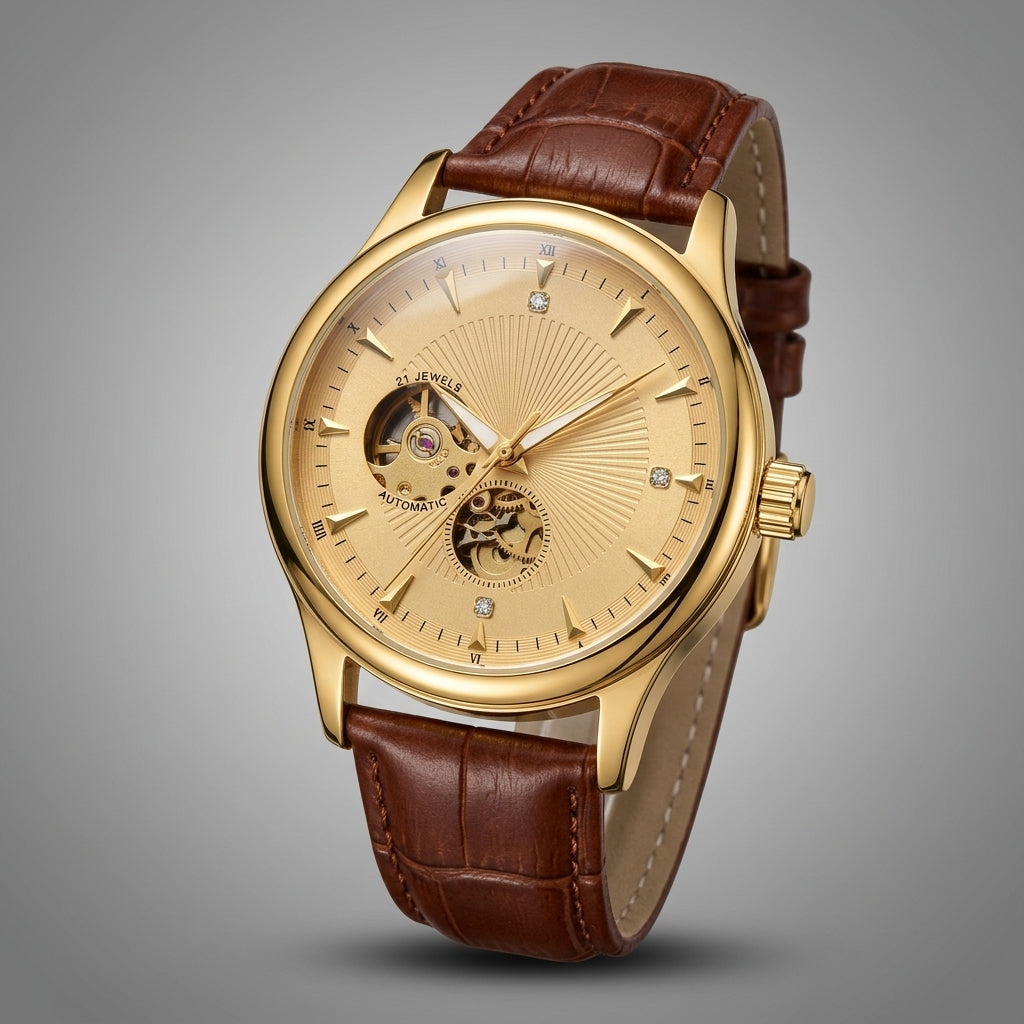 Pilatus Aureum Coffee, open-heart automatic, gold case, brown strap