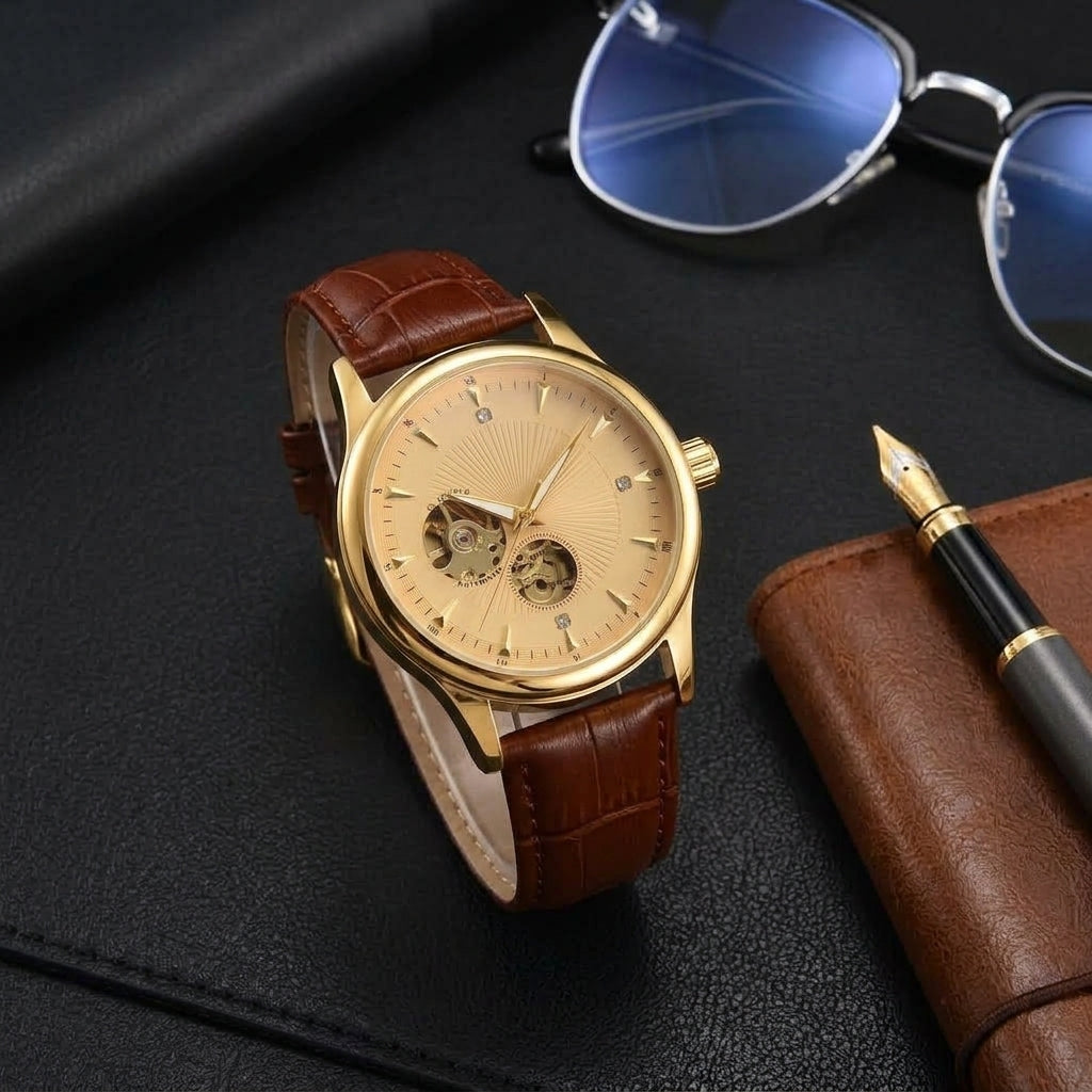 Pilatus Aureum Coffee, open-heart automatic, gold case, brown strap