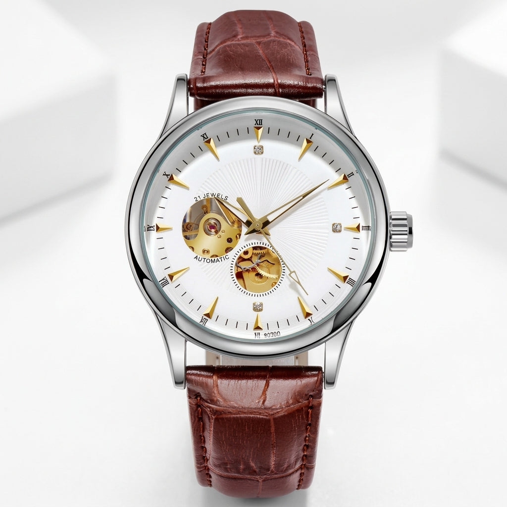 Pilatus Ivory Steel, open-heart automatic, white dial, steel case