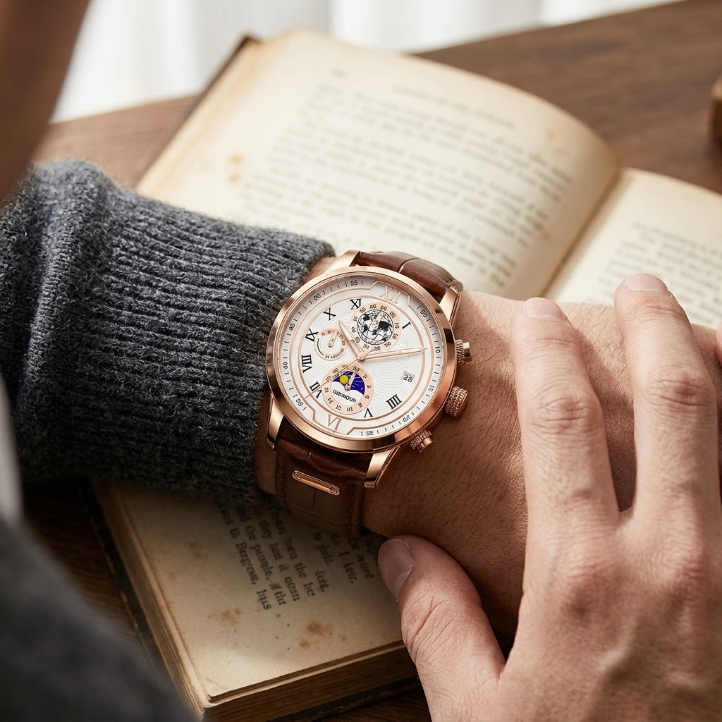 Rigi Ivory Rose, sun and moon chronograph, white dial, rose gold case