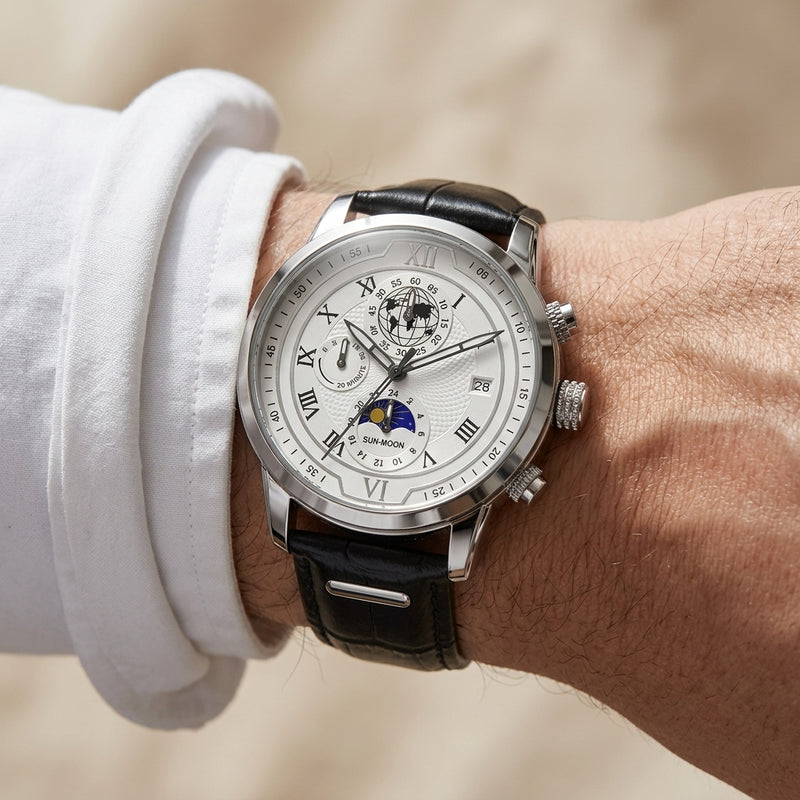 Rigi Ivory Steel, sun and moon chronograph, white dial, steel case
