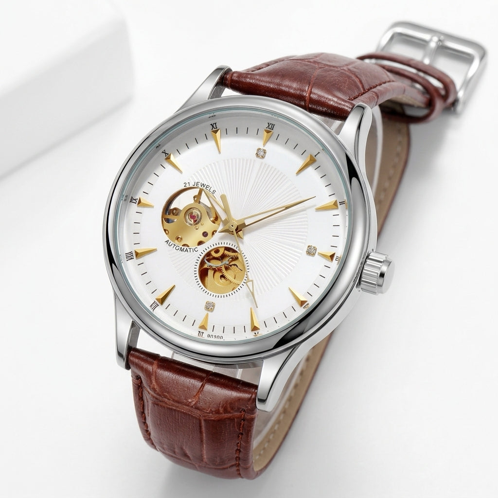Pilatus Ivory Steel, open-heart automatic, white dial, steel case