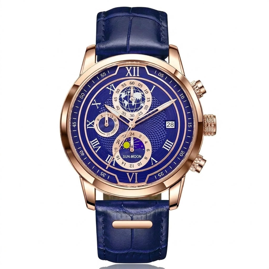 Rigi Atlantic Rose, sun and moon chronograph, blue dial, rose gold case