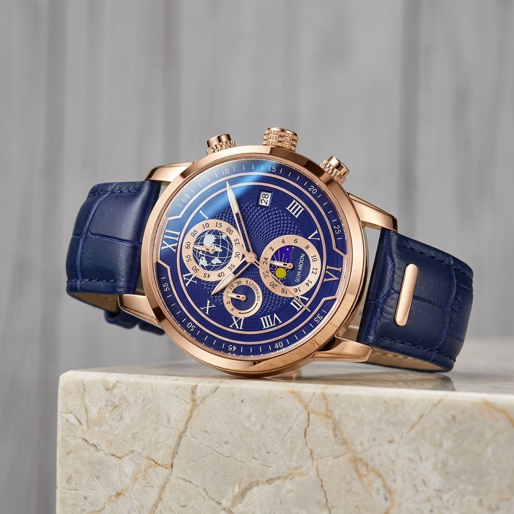 Rigi Atlantic Rose, sun and moon chronograph, blue dial, rose gold case