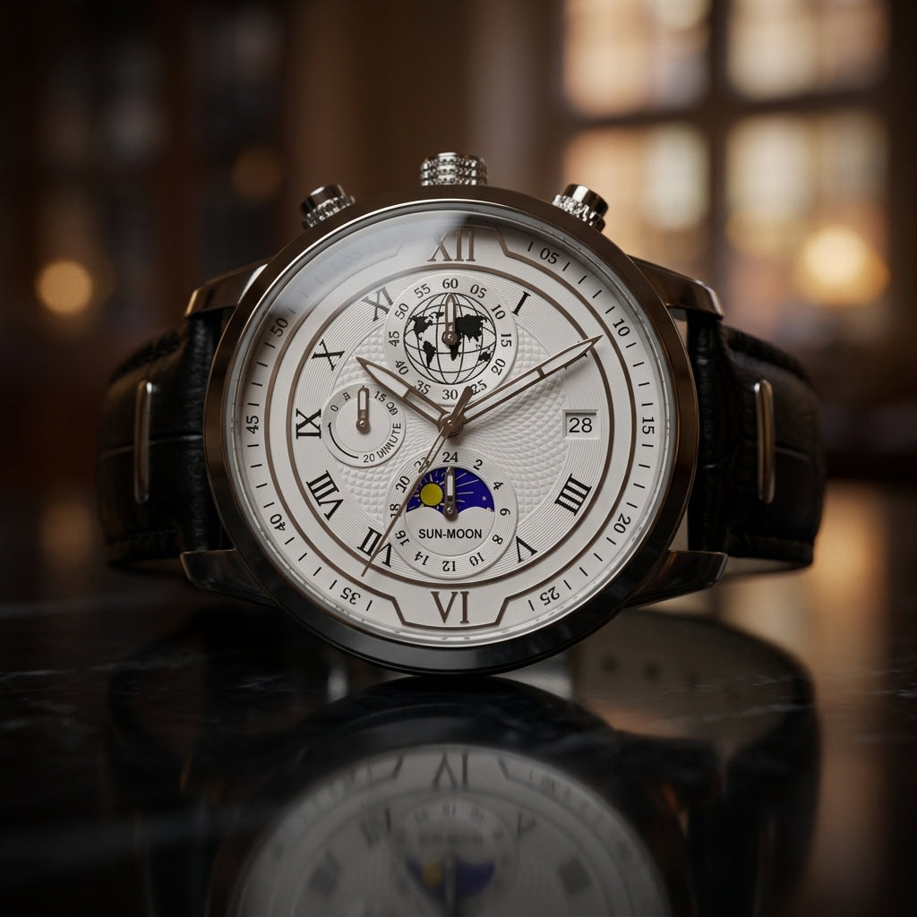 Rigi Ivory Steel, sun and moon chronograph, white dial, steel case
