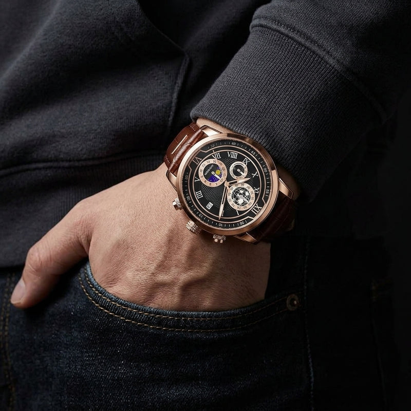 Rigi Nocturne Rose, sun and moon chronograph, black dial, rose gold case
