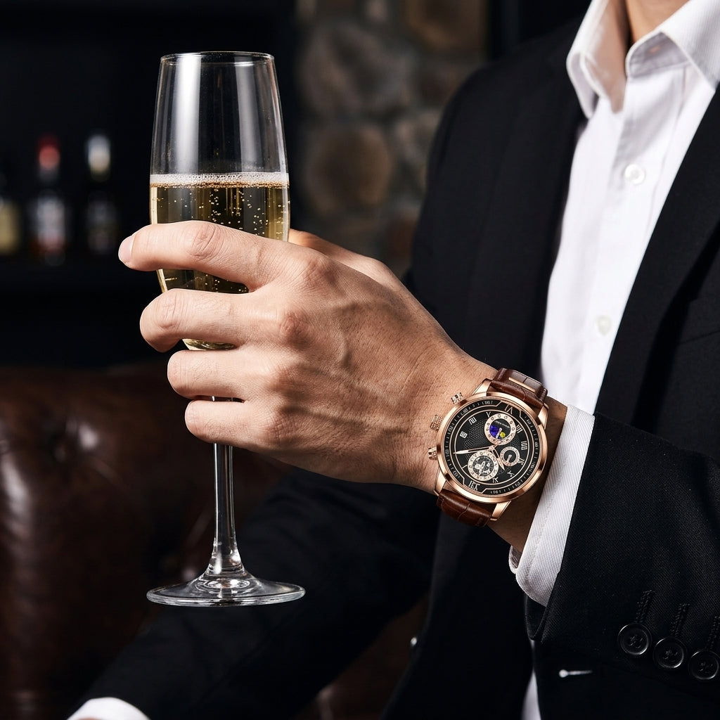 Rigi Nocturne Rose, sun and moon chronograph, black dial, rose gold case